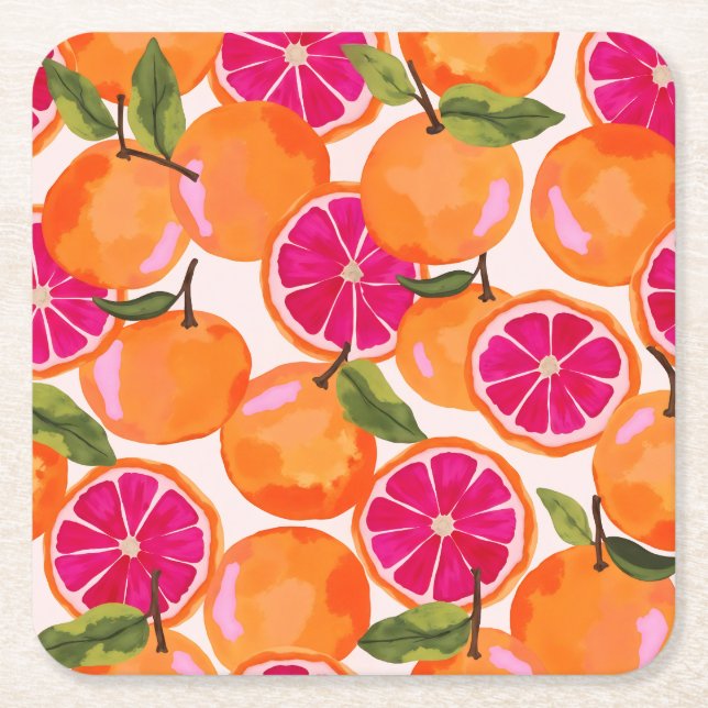 Grapefruit Watercolor Square Paper Coaster (Front)