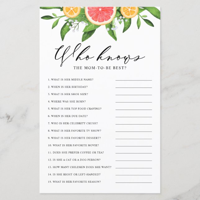 Grapefruit Who Knows Mom the Best Shower Game (Front)