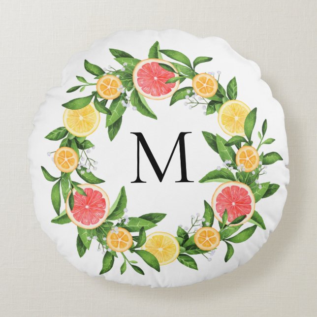 Grapefruits Lemons and Oranges Wreath Monogram Round Pillow (Front)