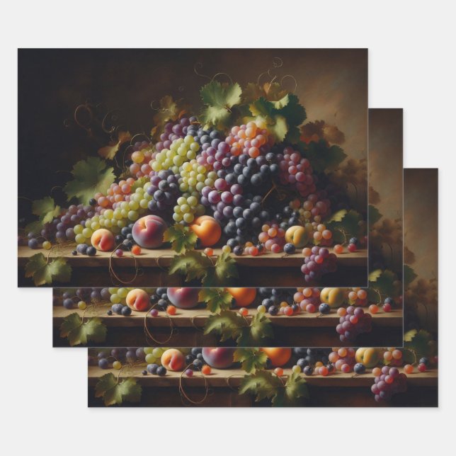 Grapes and Fruit Still Life Painting Decoupage Wrapping Paper Sheets (Set)