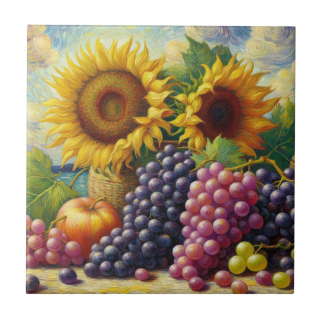 Grapes and Sunflowers Oil Painting Ceramic Tile (Front)