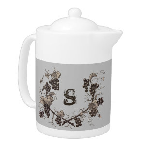 Grapes and Vines Vintage Sketch Botanical Monogram Teapot