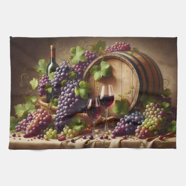 Grapes and Wine Still Life Kitchen Towel (Horizontal)