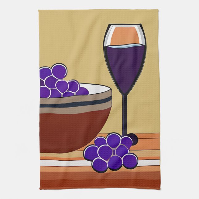 Grapes and Wineglass in Maroon and Tan   Kitchen Towel (Vertical)