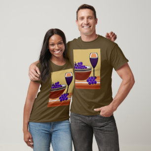 Grapes and Wineglass in Maroon and Tan T-Shirt