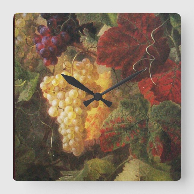 GRAPES, GRAPE VINES AUTUMN WINE TASTING PARTY SQUARE WALL CLOCK (Front)