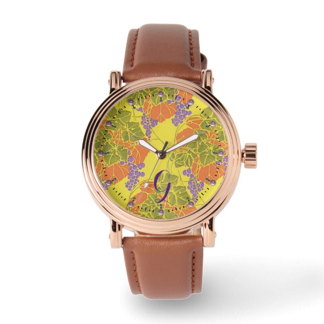 GRAPES,GRAPE VINES,YELLOW GREEN PURPLE MONOGRAM WATCH (Front)