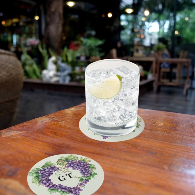 Grapes heart monogram initials round paper coaster (Creator Uploaded)