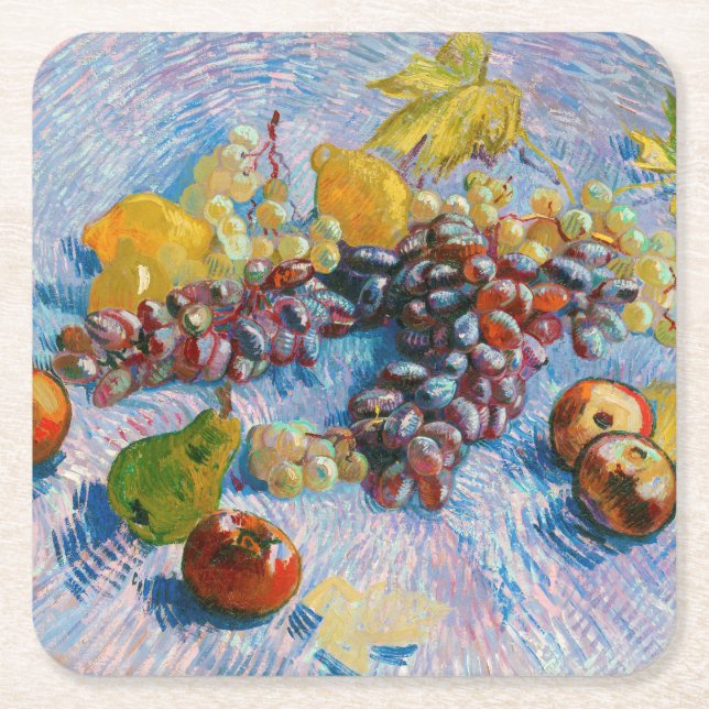 Grapes, Lemons, Pears, and Apples, Van Gogh Square Paper Coaster (Front)