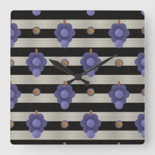 Grapes Modern Black & White Stripes Square Wall Clock