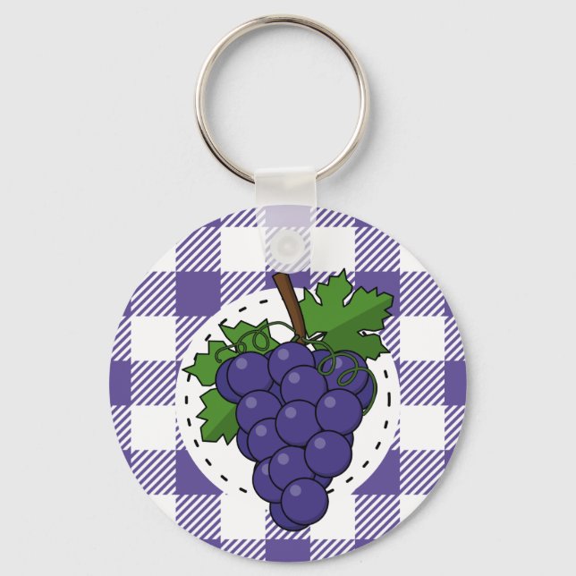Grapes on White Violet Plaid Keychain (Front)