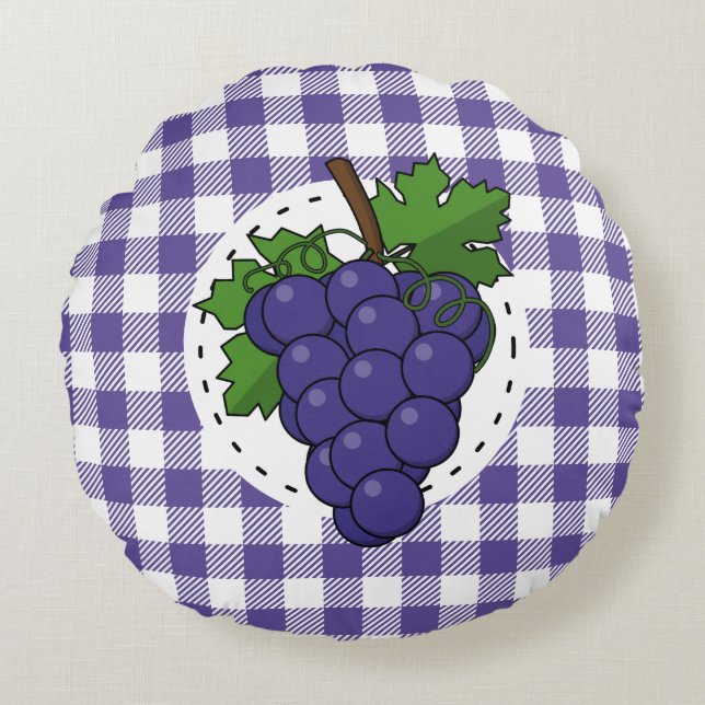 Grapes on White Violet Plaid Round Pillow (Front)