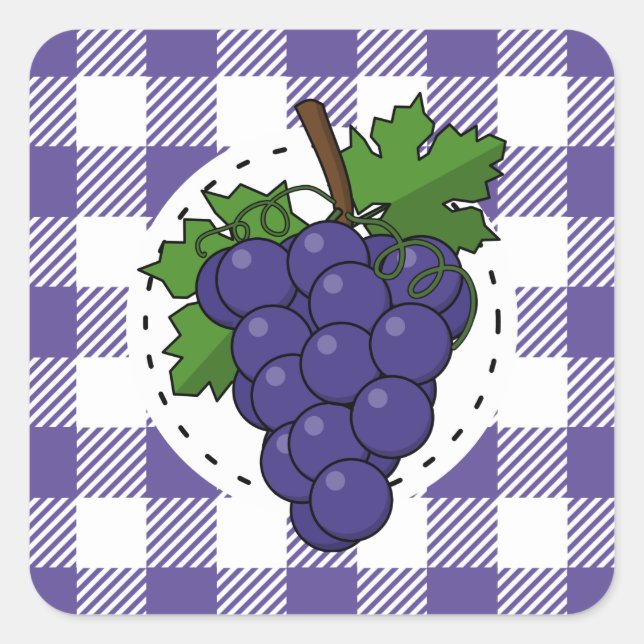 Grapes on White Violet Plaid Square Sticker (Front)
