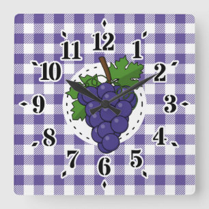Grapes on White Violet Plaid Square Wall Clock
