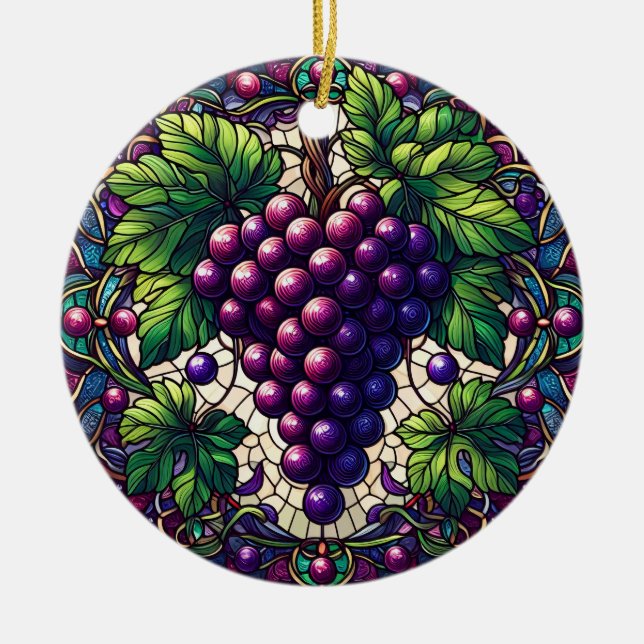 Grapes Stained Glass Ceramic Ornament (Front)