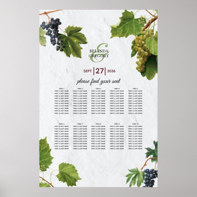 Grapes Vineyard Greek Island Wedding Seating Chart (Front)