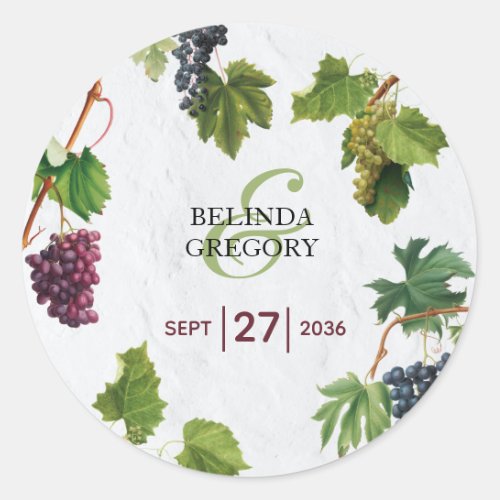 Grapes Vineyard Mediterranean Greek Island Wedding Classic Round Sticker