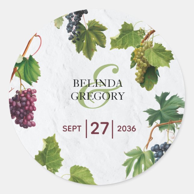 Grapes Vineyard Mediterranean Greek Island Wedding Classic Round Sticker (Front)