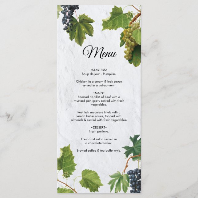 Grapes Vineyard Mediterranean Greek Island Wedding Menu (Front)
