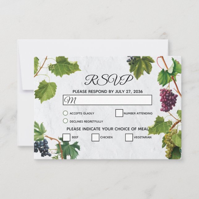 Grapes Vineyard Mediterranean Greek Island Wedding RSVP Card (Front)