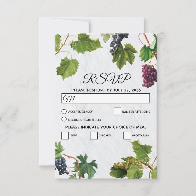 Grapes Vineyard Mediterranean Greek Island Wedding RSVP Card (Front)