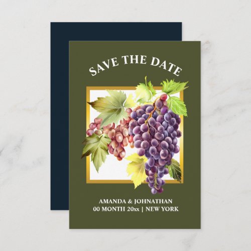 Grapes vineyard winery green blue gold wine save the date
