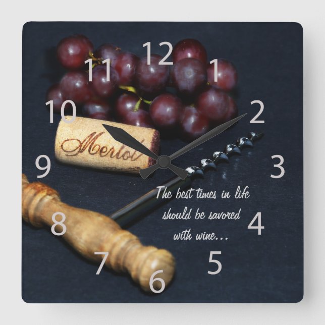 Grapes, wine bottle corks and corkscrew square wall clock (Front)