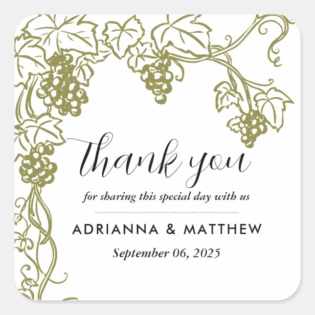 Grapevine Elegant Wedding Thank You | Vineyard Square Sticker (Front)