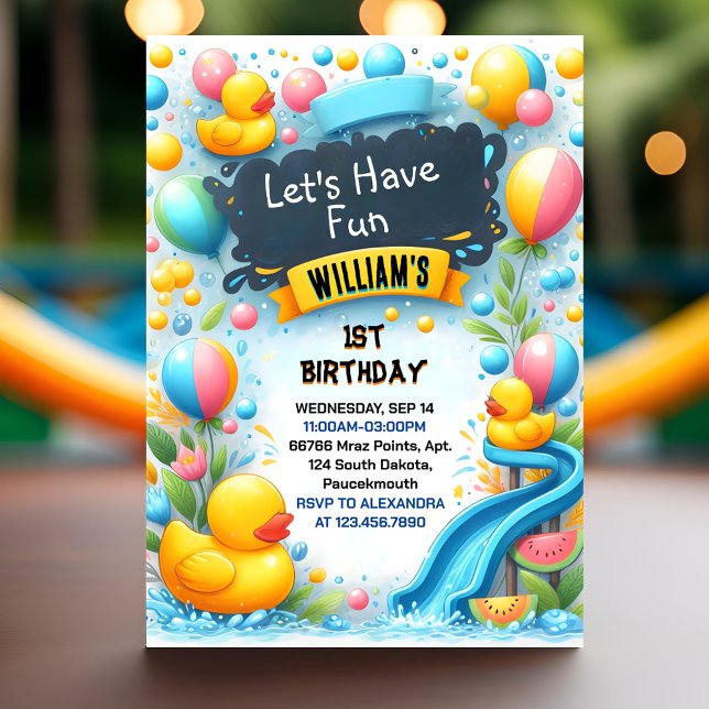 Graph Splash Bubbles Summer Duck Foam 1st Birthday Invitation (Creator Uploaded)