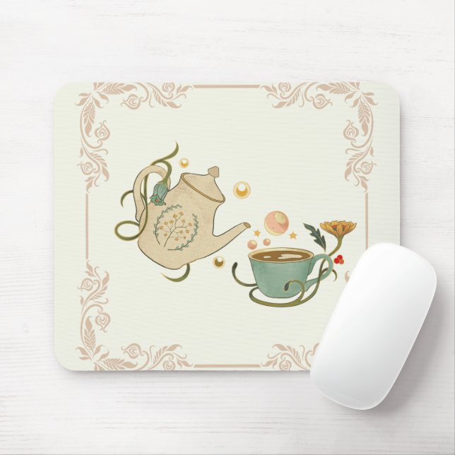 Graphic Art, Beige Illustration Tea Time Mouse Pad (With Mouse)