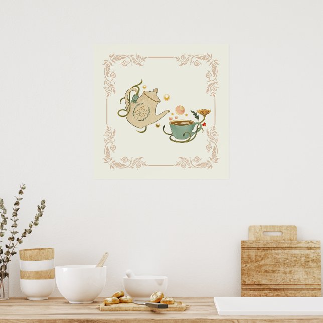 Graphic Art, Beige Tea Time Illustration Poster (Kitchen)
