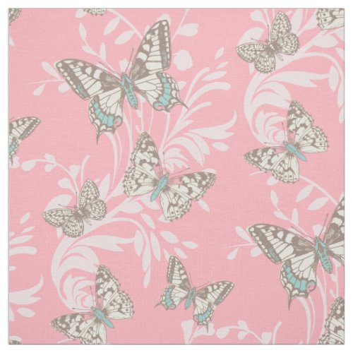 Graphic art butterflies damask pink insect fabric