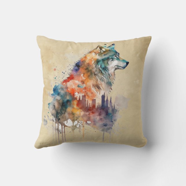 Graphic Art City Urban Wolf Wolves Animal  Throw Pillow (Back)