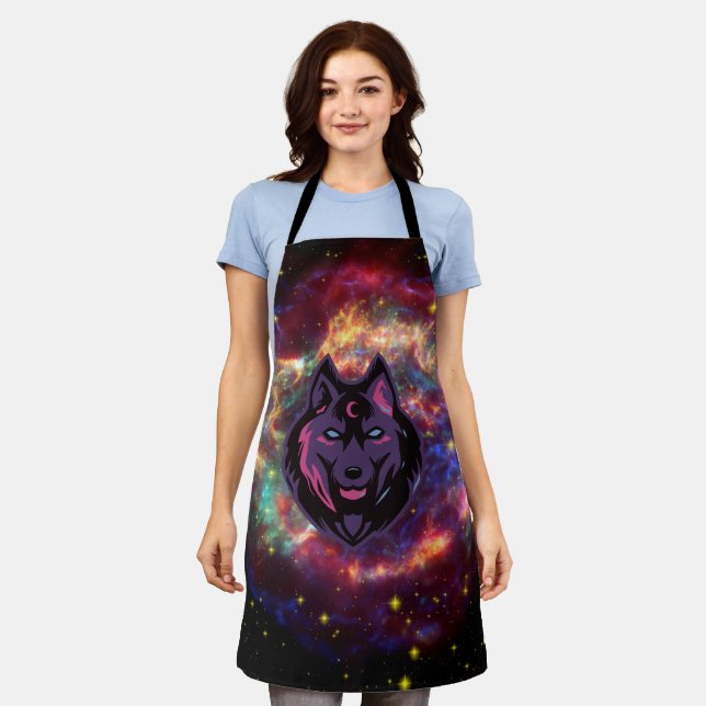Graphic Art, Cosmic Purple Wolf Illustration Apron (Worn)