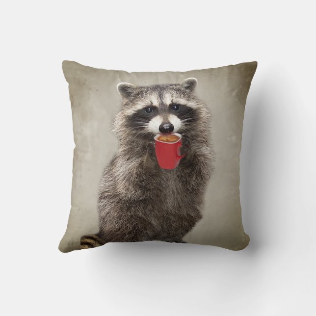 Graphic Art Fun Raccoon Drinking Coffee Humor Throw Pillow (Back)