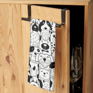 Graphic Art Line Drawing Dog Cartoons Kitchen Towel