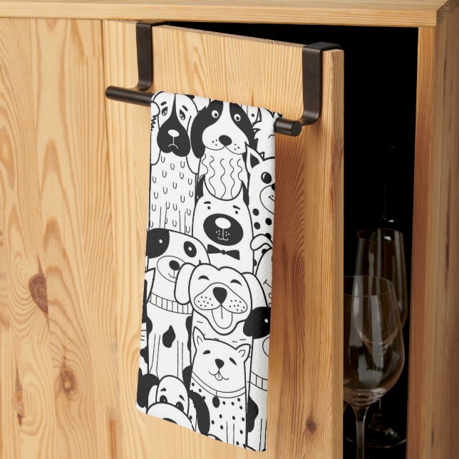 Graphic Art Line Drawing Dog Cartoons Kitchen Towel (Thirds Fold)