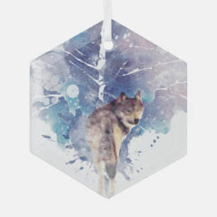 Graphic Art Wolf Looking Back Wildlife Nature Art Glass Ornament