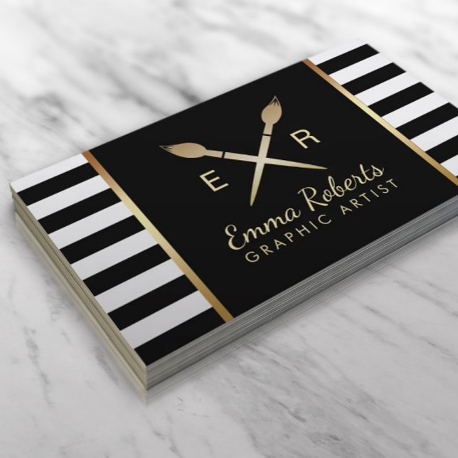 Graphic Artist Gold Paint Brushes Modern Stripes Business Card (Creator Uploaded)