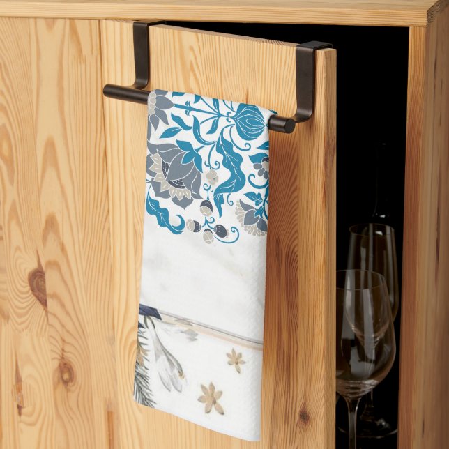 Graphic Artwork, Teal Mandala Floral Frame Kitchen Towel (Thirds Fold)