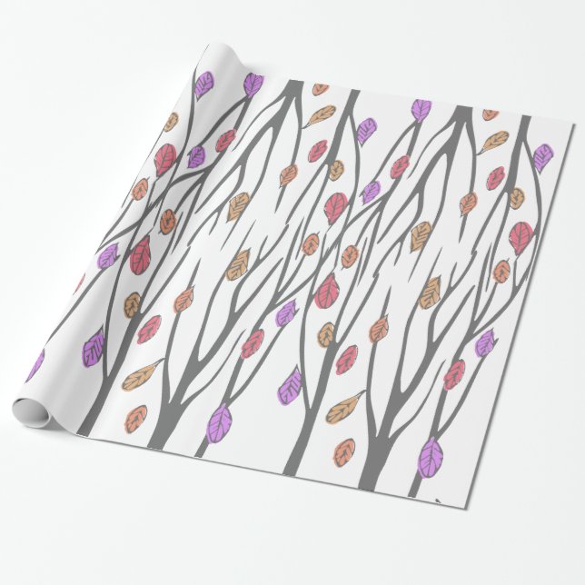 Graphic autumn fall leaves and trees pattern wrapping paper (Unrolled)
