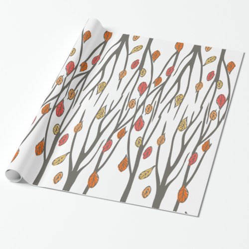 Graphic autumn fall leaves and trees pattern wrapping paper