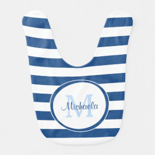 Graphic Baby Monogram and Broad Dark Blue Stripes Bib