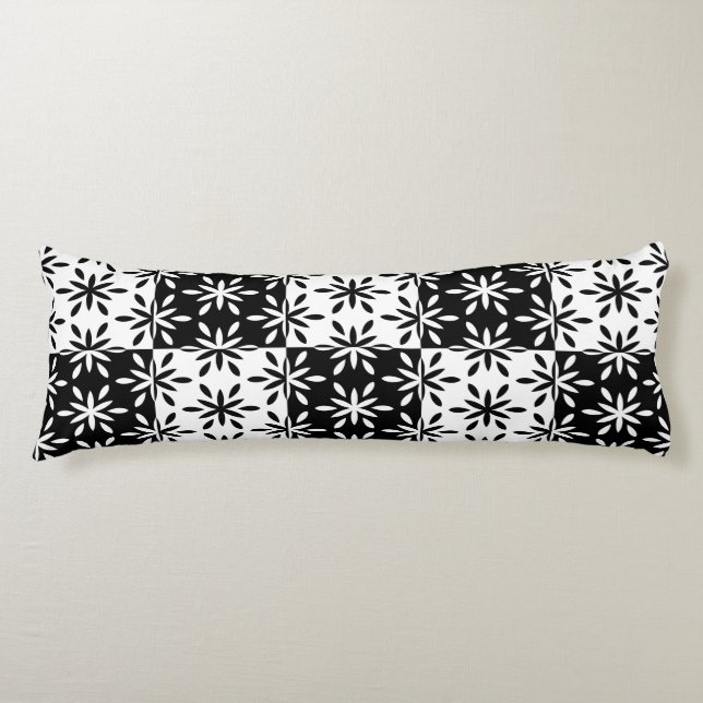 Graphic Black and White Geometric Flower Pattern Body Pillow (Front)