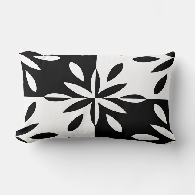 Graphic Black and White Geometric Flower Pattern Lumbar Pillow (Front)
