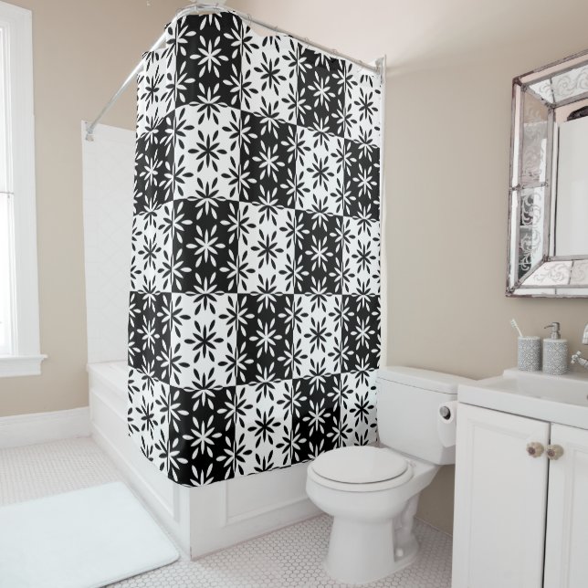 Graphic Black and White Geometric Flower Pattern Shower Curtain (In Situ)