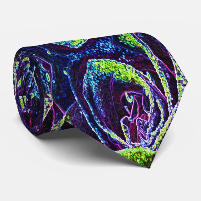 Graphic Black White Blue and Green Rose Detail Neck Tie (Rolled)