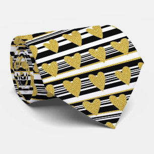 Graphic Black White Heart Stripe Pattern Neck Tie