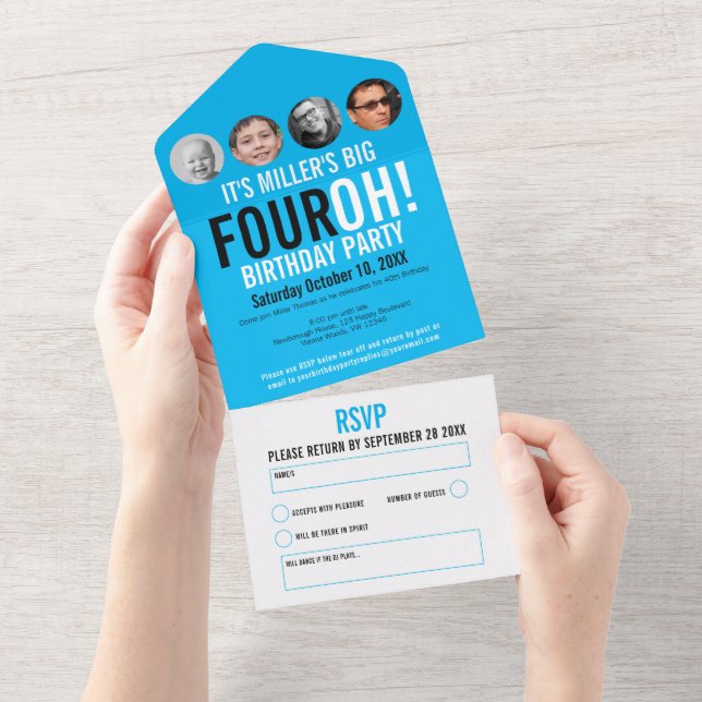 Graphic blue black 40th Birthday party photo All In One Invitation (Tearaway)