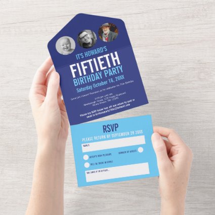 Graphic blue cyan photo circles 50th Birthday All In One Invitation